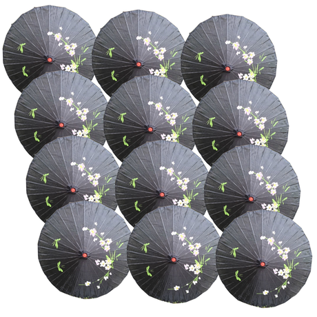 12x Black Parasol Umbrellas Bulk - Asian Bamboo Flower Pattern (80cm)