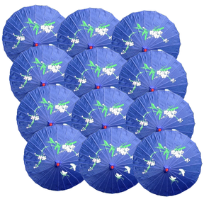 12x Blue Parasol Umbrellas Bulk Pack - Asian Bamboo Flower Pattern (80cm)