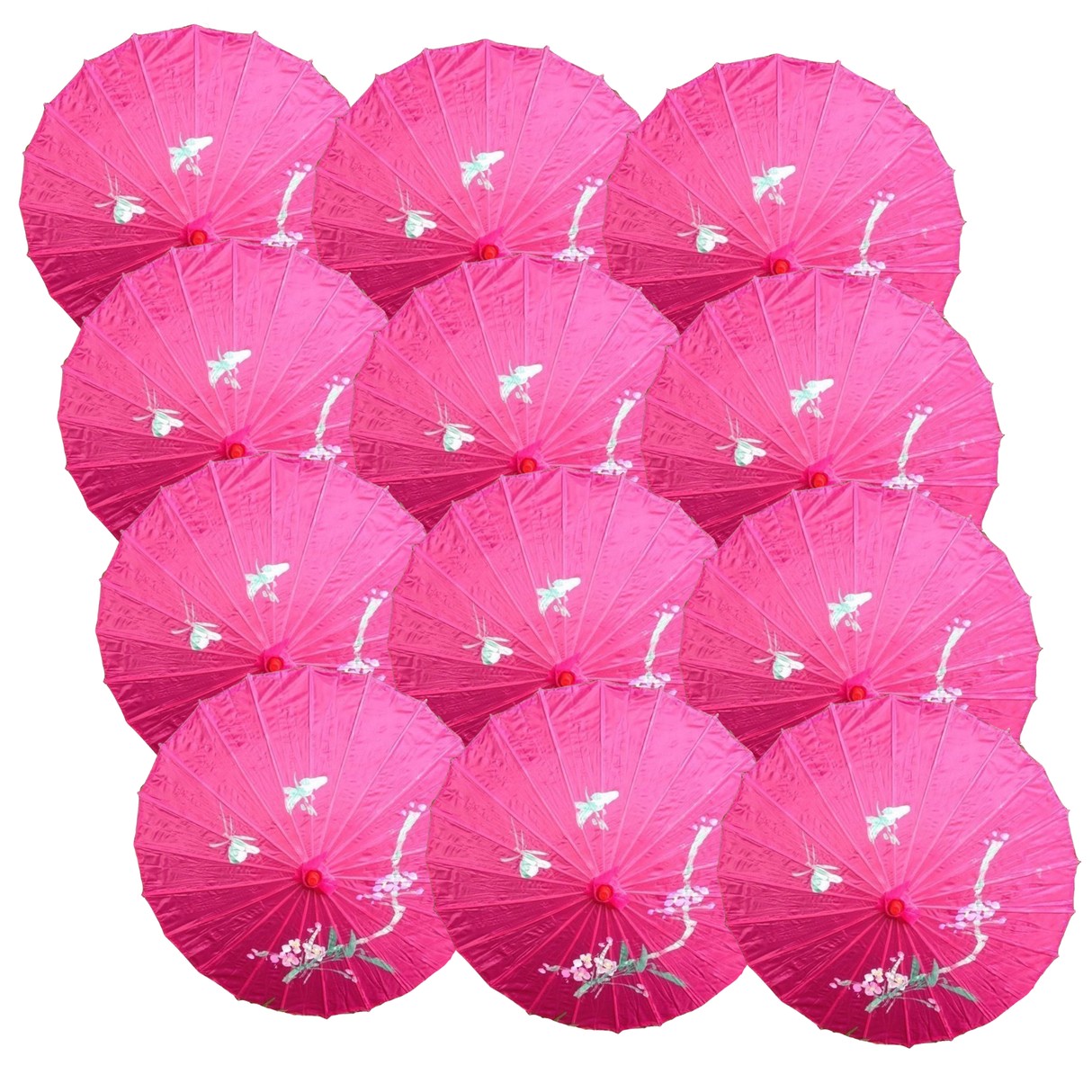 12x Hot Pink Parasol Umbrellas Bulk - Asian Bamboo Flower Pattern (80cm)