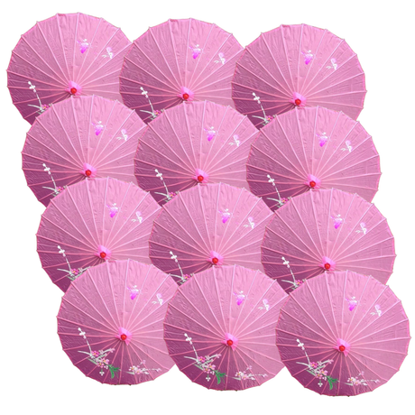 12x Light Pink Parasol Umbrellas Bulk - Asian Bamboo Flower Pattern (80cm)