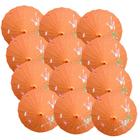 12x Orange Parasol Umbrellas Bulk - Asian Bamboo Flower Pattern (80cm)