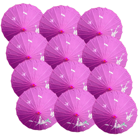 12x Purple Parasol Umbrellas Bulk - Asian Bamboo Flower Pattern (80cm)