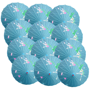 12x Sky Blue Parasol Umbrellas Bulk Pack - Asian Bamboo Flower Pattern (80cm)
