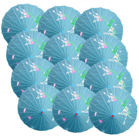 12x Sky Blue Parasol Umbrellas Bulk - Asian Bamboo Flower Pattern (80cm)
