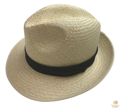 Natural Palm STRAW PANAMA HAT Fedora Sun Italian Shape Petersham Band 2254 - Navy/Burgundy Band - M (56/57cm)