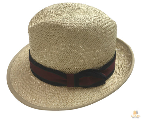 Natural Palm STRAW PANAMA HAT Fedora Sun Italian Shape Petersham Band 2254 - Navy/Burgundy Band - M (56/57cm)