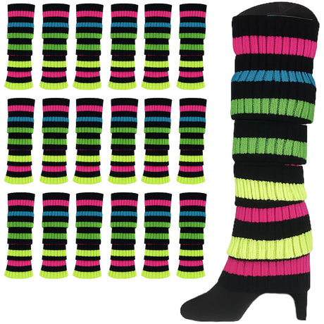 24x Rainbow/Black Stripe Ribbed Leg Warmers Bulk - Womens Dance Costume/80s Party