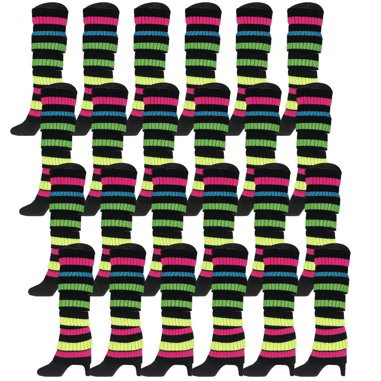 24x Rainbow/Black Stripe Ribbed Leg Warmers Bulk Pack - Womens Dance Costume/80s Party