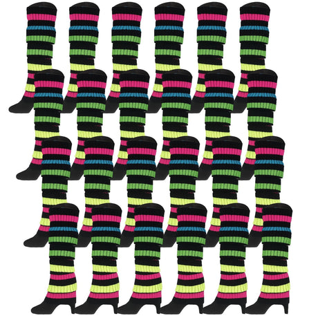 24x Rainbow/Black Stripe Ribbed Leg Warmers Bulk - Womens Dance Costume/80s Party