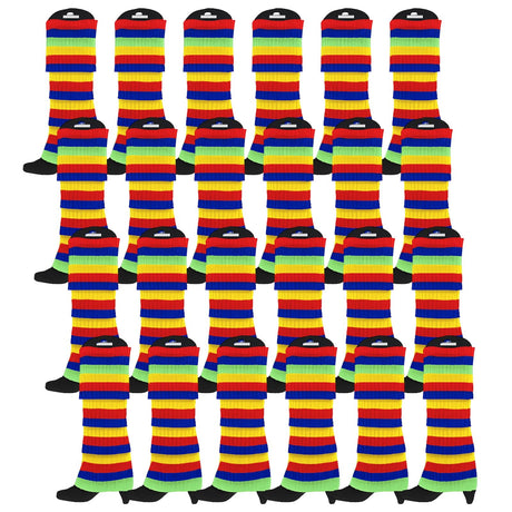 24x Rainbow Ribbed Leg Warmers Bulk - Womens Dance Costume/80s Party