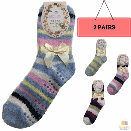 2 Pairs Womens Fuzzy Bed Socks Soft Fur Grip Fluffy Slipper Non Slip - One Size