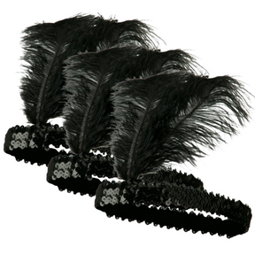3x 1920s Black Flapper Headband w/ Feather & Sequins - Gatsby/Charleston Costume