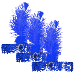 3x 1920s Blue Flapper Headband w/ Feather & Sequins - Gatsby/Charleston Costume