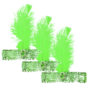 3x 1920s Green Flapper Headband w/ Feather & Sequins - Gatsby/Charleston Costume