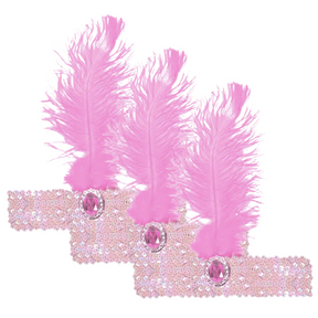 3x 1920s Light Pink Flapper Headband w/ Feather & Sequins - Gatsby/Charleston Costume