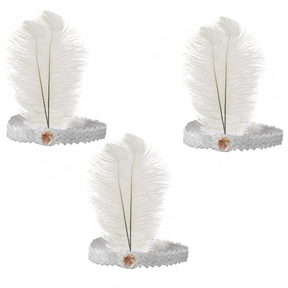 3x 1920s White Flapper Headband w/ Feather & Sequins - Gatsby/Charleston Costume