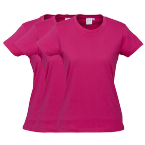 3x Womens Plain 100% Cotton T-Shirt Bulk Pack - Casual Basic Ladies Tee Top Size 6-24 - Magenta Pink