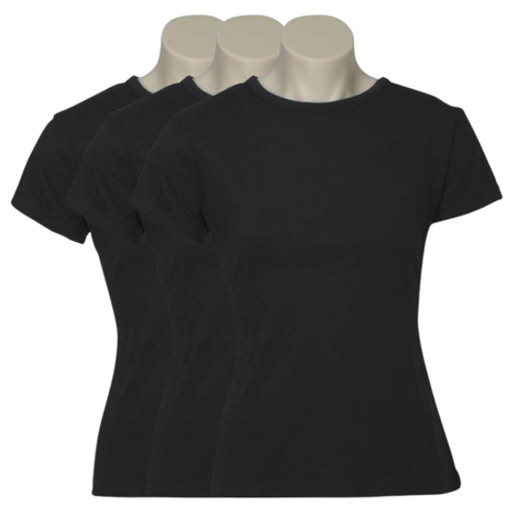 3x Womens Plain Black T-Shirt Pack - 100% Cotton Casual Basic Top
