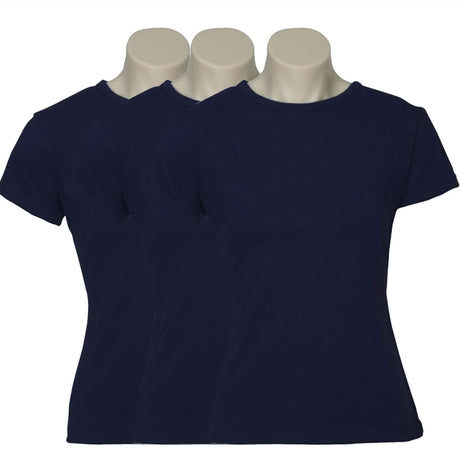 3x Womens Plain Navy Blue T-Shirt Pack - 100% Cotton Casual Basic Top