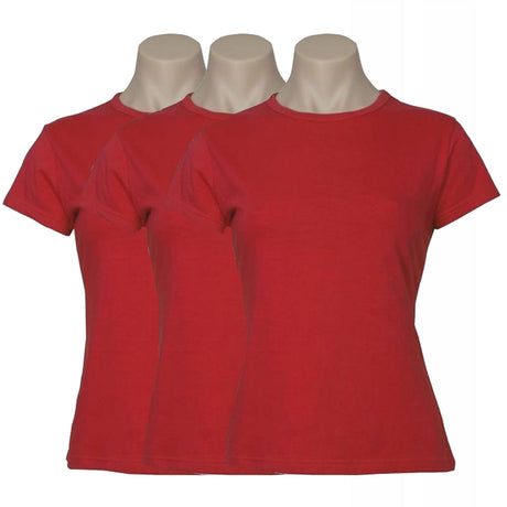 3x Womens Plain Red T-Shirt Pack - 100% Cotton Casual Basic Top