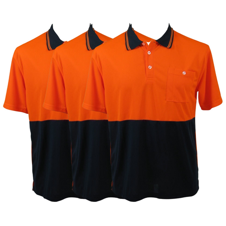 3x Hi Vis Short Sleeve Polo Shirt Pack - Orange/Navy (High Visibility Safety Workwear w/ Breathable Mesh)