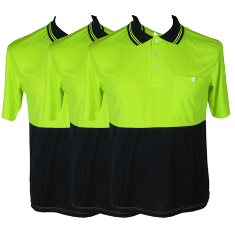 3x Hi Vis Short Sleeve Polo Shirt Pack - Yellow/Navy (High Visibility Safety Workwear w/ Breathable Mesh)
