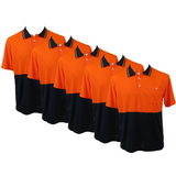 5x HI VIS Short Sleeve Polo Shirt Bulk Pack - Orange/Navy (High Visibility Safety Workwear w/ Breathable Mesh)