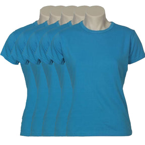 5x Womens Plain 100% Cotton T-Shirt Bulk Pack - Casual Basic Ladies Tee Top Size 6-24 - Cyan Blue