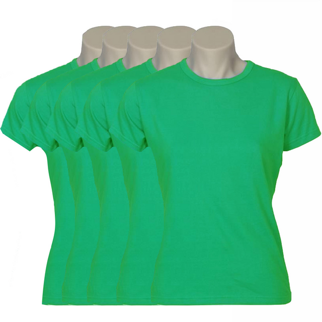 5x Womens Plain Ladies T SHIRT 100% COTTON Basic Tee Casual Top Size 6-24 BULK - Green - 24