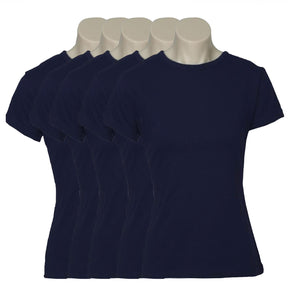 5x Womens Plain Navy Blue T-Shirt Bulk Pack - 100% Cotton Casual Basic Top