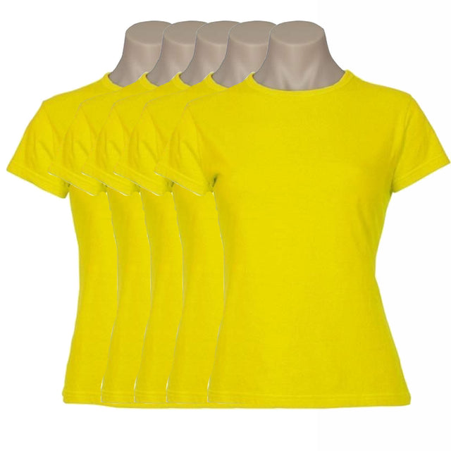 5x Womens Plain Ladies T SHIRT 100% COTTON Basic Tee Casual Top Size 6-24 BULK - Yellow - 24