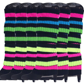 6x Rainbow/Black Stripe Ribbed Leg Warmers Bulk Pack - Womens Dance Costume/80s Party