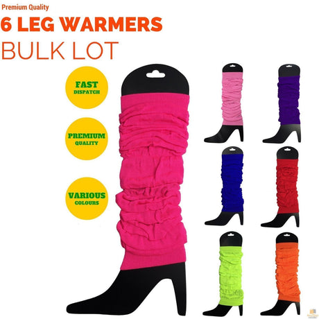 6x LEG WARMERS Knitted Womens Neon Party Knit Ankle Fluro Dance Costume 80s BULK - Black