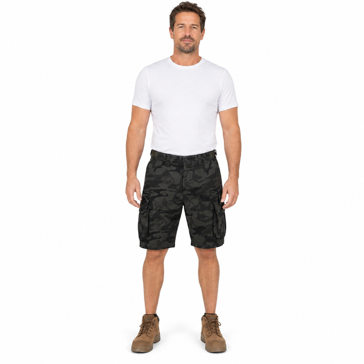 Mens Heavy Duty Cargo Shorts - Dark Camo (Adjustable 100% Cotton Drill Work Summer)