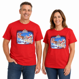 100% Cotton Adult Christmas T-Shirt - Red (Xmas Santa w/ Reindeers on Sleigh)