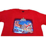 100% Cotton Adult Christmas T-Shirt - Red (Xmas Santa w/ Reindeers on Sleigh)