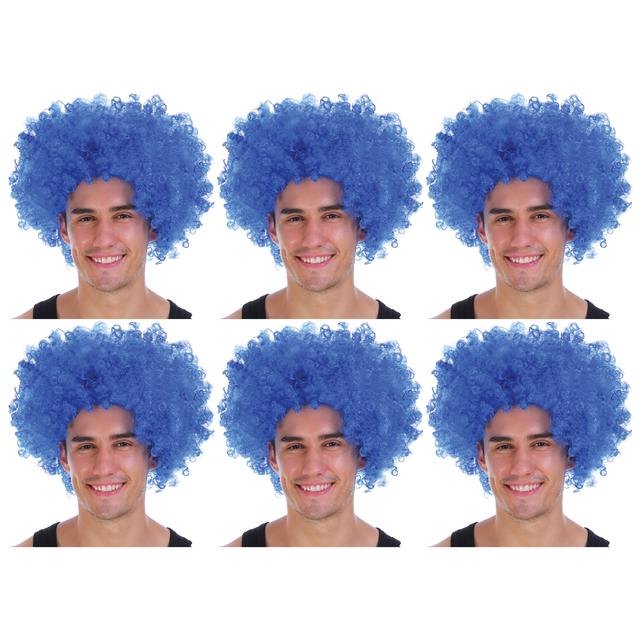 6x Blue Afro Wig Bulk Pack - Deluxe Curly Hair for 70s/80s Costume & Fancy Dress Party