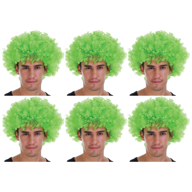 6x Green Afro Wig Bulk Pack - Deluxe Curly Hair for 70s/80s Costume & Fancy Dress Party