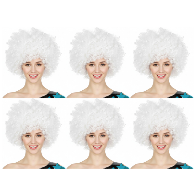 6x White Afro Wig Bulk Pack - Deluxe Curly Hair for 70s/80s Costume & Fancy Dress Party