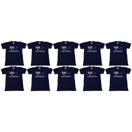 10x Adults Australian Flag T-Shirt Bulk Pack - Blue (100% Cotton Souvenir Gift)