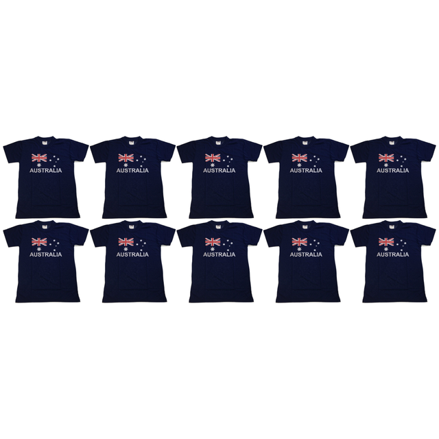 10x Adults Blue Australian Flag T-Shirt Bulk Pack - 100% Cotton Souvenir Gift