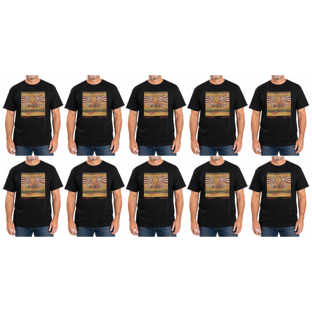 10x Adults Australian Aboriginal Art T-Shirt Bulk Pack - Black (100% Cotton Souvenir Gift)