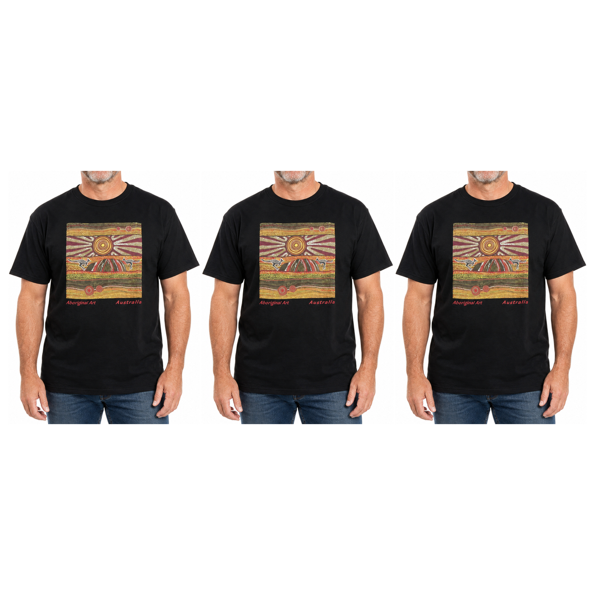 3x Adults Australian Aboriginal Art T-Shirt Pack - Black (100% Cotton Souvenir Gift)
