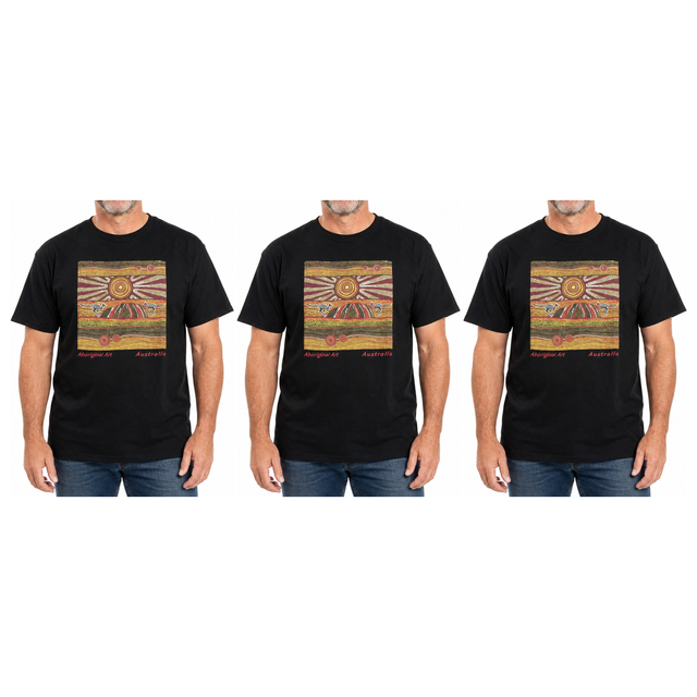 3x Adults Australian Aboriginal Art T-Shirt Pack - Black (100% Cotton Souvenir Gift)