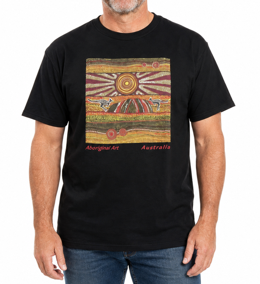 Adults Aboriginal Art T-Shirt - 100% Cotton Australian Souvenir Gift in Blacl