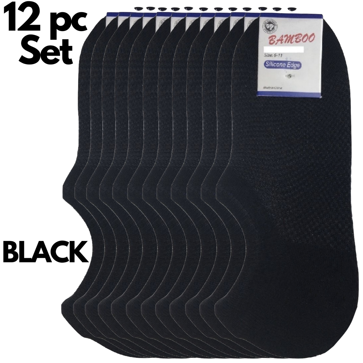 12 Pairs No Show Bamboo Socks Bulk Pack - Black (Non-Slip Low Cut Invisible Footlet Socks)