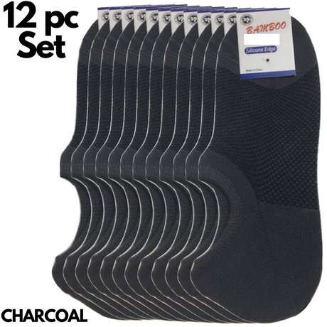 12 Pairs No Show Bamboo Socks Bulk Pack - Charcoal (Non-Slip Low Cut Invisible Footlet Socks)