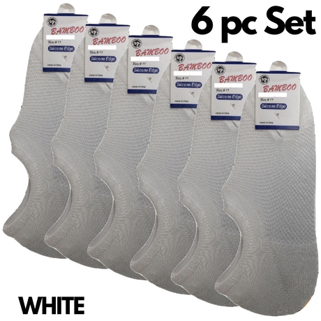 6 Pairs No Show Bamboo Socks Pack - White (Non-Slip Low Cut Invisible Footlet Socks)