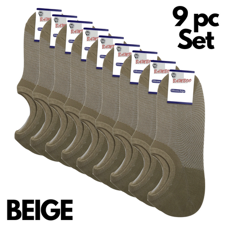 9 Pairs No Show Bamboo Socks Bulk Pack - Beige (Non-Slip Low Cut Invisible Footlet Socks)