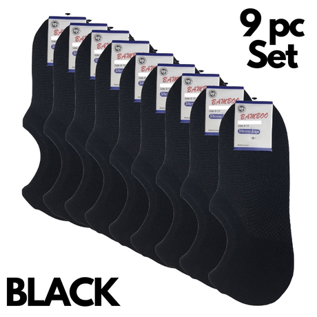 9 Pairs No Show Bamboo Socks Bulk Pack - Black (Non-Slip Low Cut Invisible Footlet Socks)